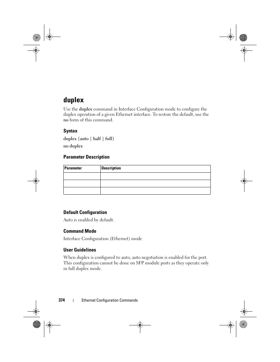 Duplex, Syntax, Parameter description | Default configuration, Command mode, User guidelines, D duplex | Dell POWEREDGE M1000E User Manual | Page 374 / 1682