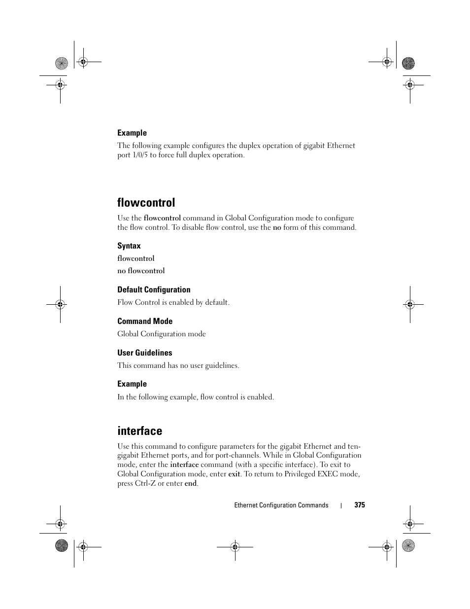 Example, Flowcontrol, Syntax | Default configuration, Command mode, User guidelines, Interface | Dell POWEREDGE M1000E User Manual | Page 375 / 1682