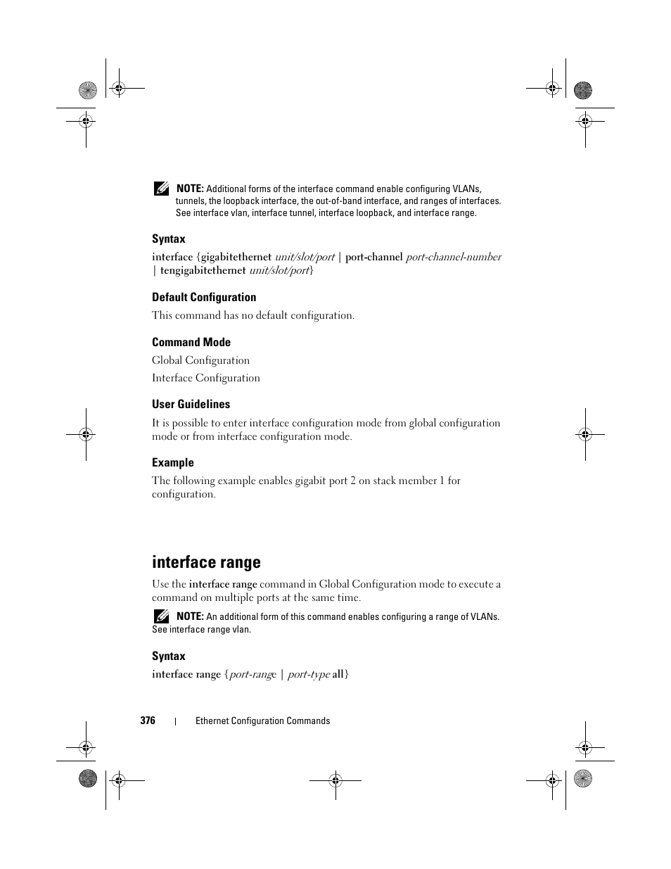 Syntax, Default configuration, Command mode | User guidelines, Example, Interface range | Dell POWEREDGE M1000E User Manual | Page 376 / 1682