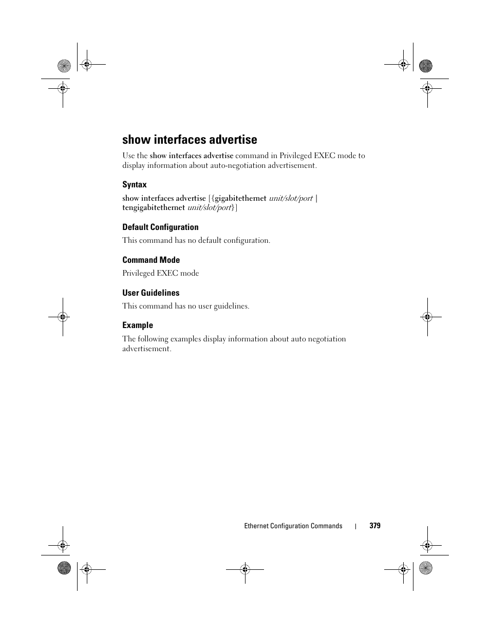 Show interfaces advertise, Syntax, Default configuration | Command mode, User guidelines, Example | Dell POWEREDGE M1000E User Manual | Page 379 / 1682