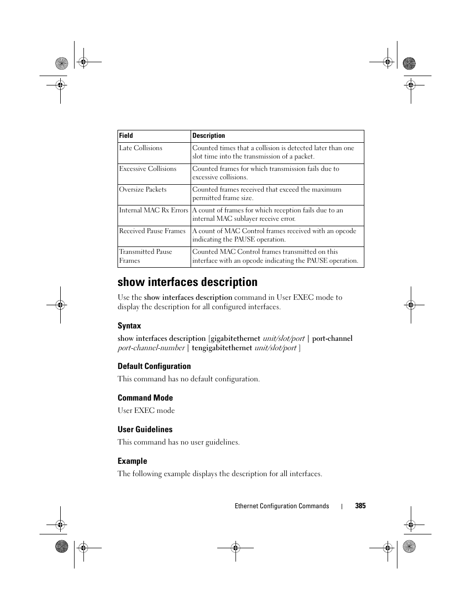 Show interfaces description, Syntax, Default configuration | Command mode, User guidelines, Example | Dell POWEREDGE M1000E User Manual | Page 385 / 1682