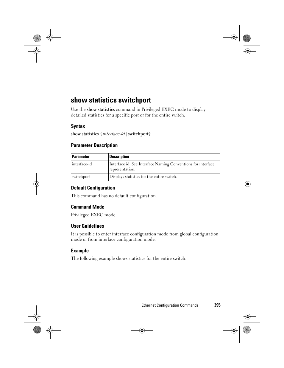 Show statistics switchport, Syntax, Parameter description | Default configuration, Command mode, User guidelines, Example | Dell POWEREDGE M1000E User Manual | Page 395 / 1682