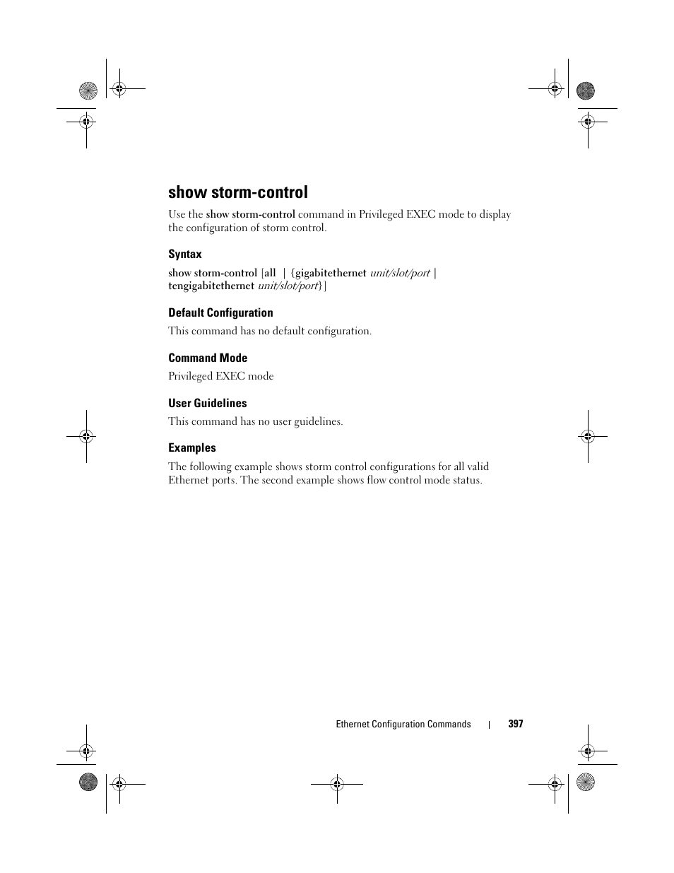 Show storm-control, Syntax, Default configuration | Command mode, User guidelines, Examples | Dell POWEREDGE M1000E User Manual | Page 397 / 1682