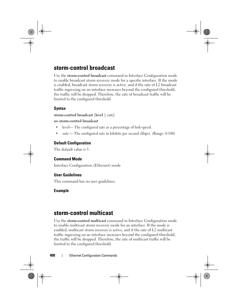 Storm-control broadcast, Syntax, Default configuration | Command mode, User guidelines, Example, Storm-control multicast | Dell POWEREDGE M1000E User Manual | Page 400 / 1682