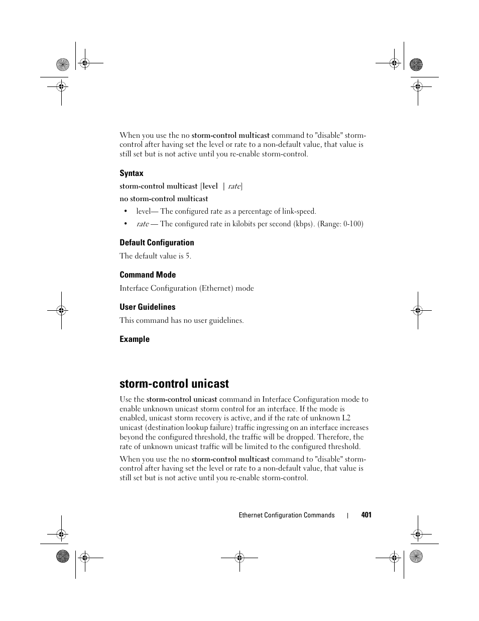 Syntax, Default configuration, Command mode | User guidelines, Example, Storm-control unicast | Dell POWEREDGE M1000E User Manual | Page 401 / 1682