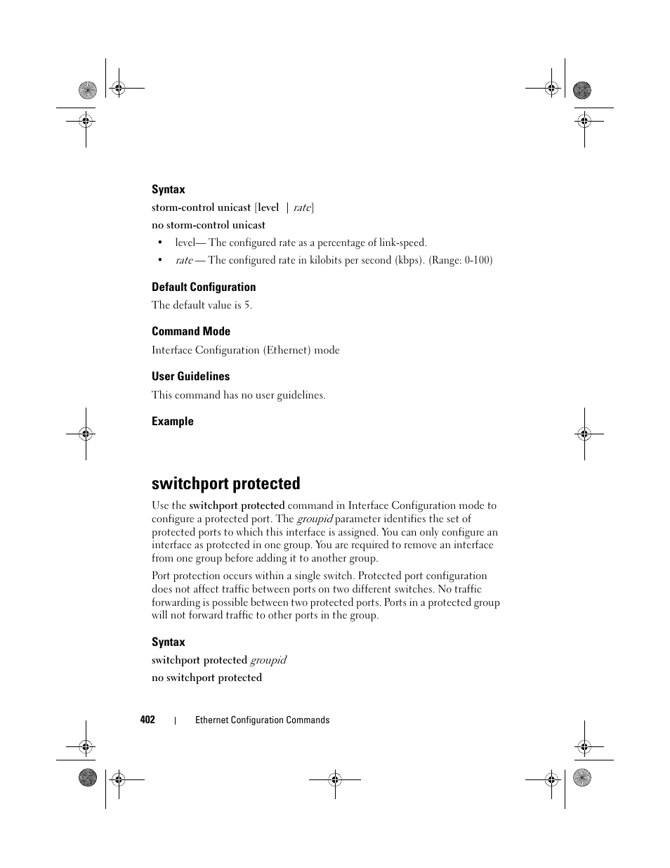 Syntax, Default configuration, Command mode | User guidelines, Example, Switchport protected | Dell POWEREDGE M1000E User Manual | Page 402 / 1682