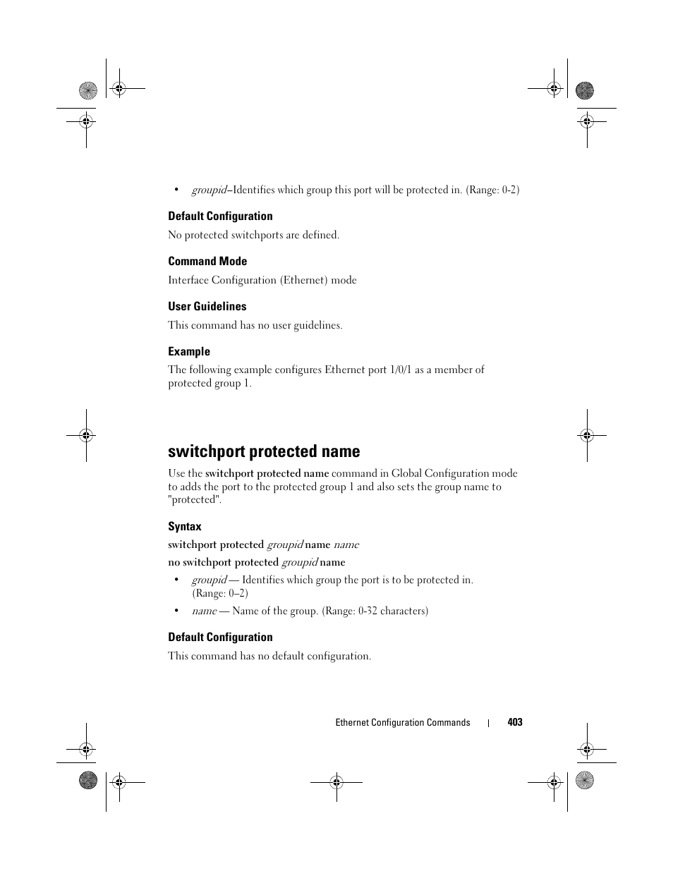 Default configuration, Command mode, User guidelines | Example, Switchport protected name, Syntax | Dell POWEREDGE M1000E User Manual | Page 403 / 1682