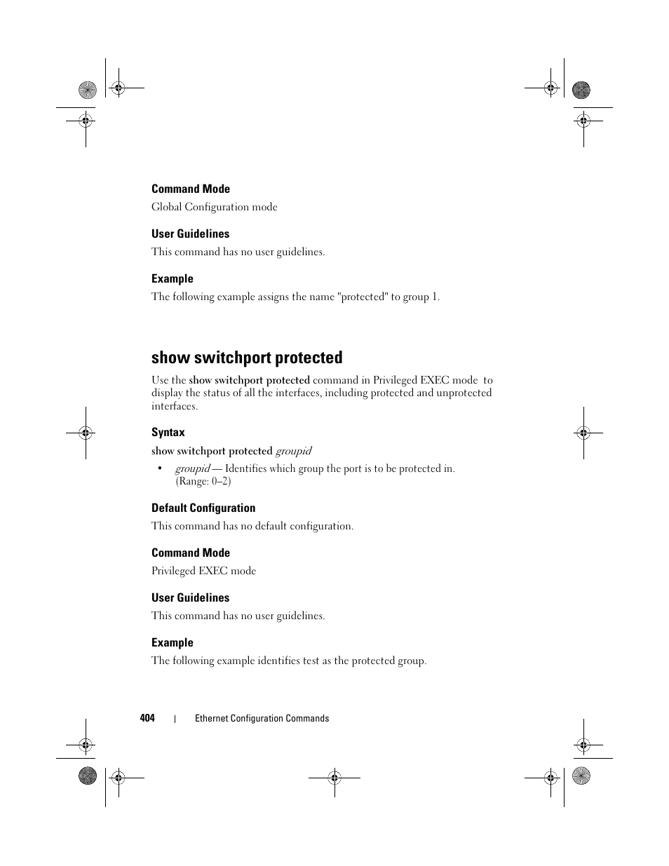 Command mode, User guidelines, Example | Show switchport protected, Syntax, Default configuration | Dell POWEREDGE M1000E User Manual | Page 404 / 1682