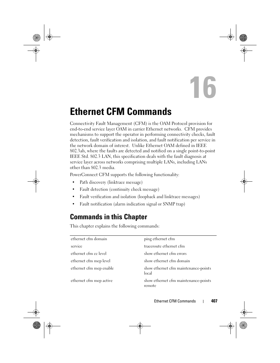 Ethernet cfm commands, Commands in this chapter, Ethernet cfm | Commands | Dell POWEREDGE M1000E User Manual | Page 407 / 1682