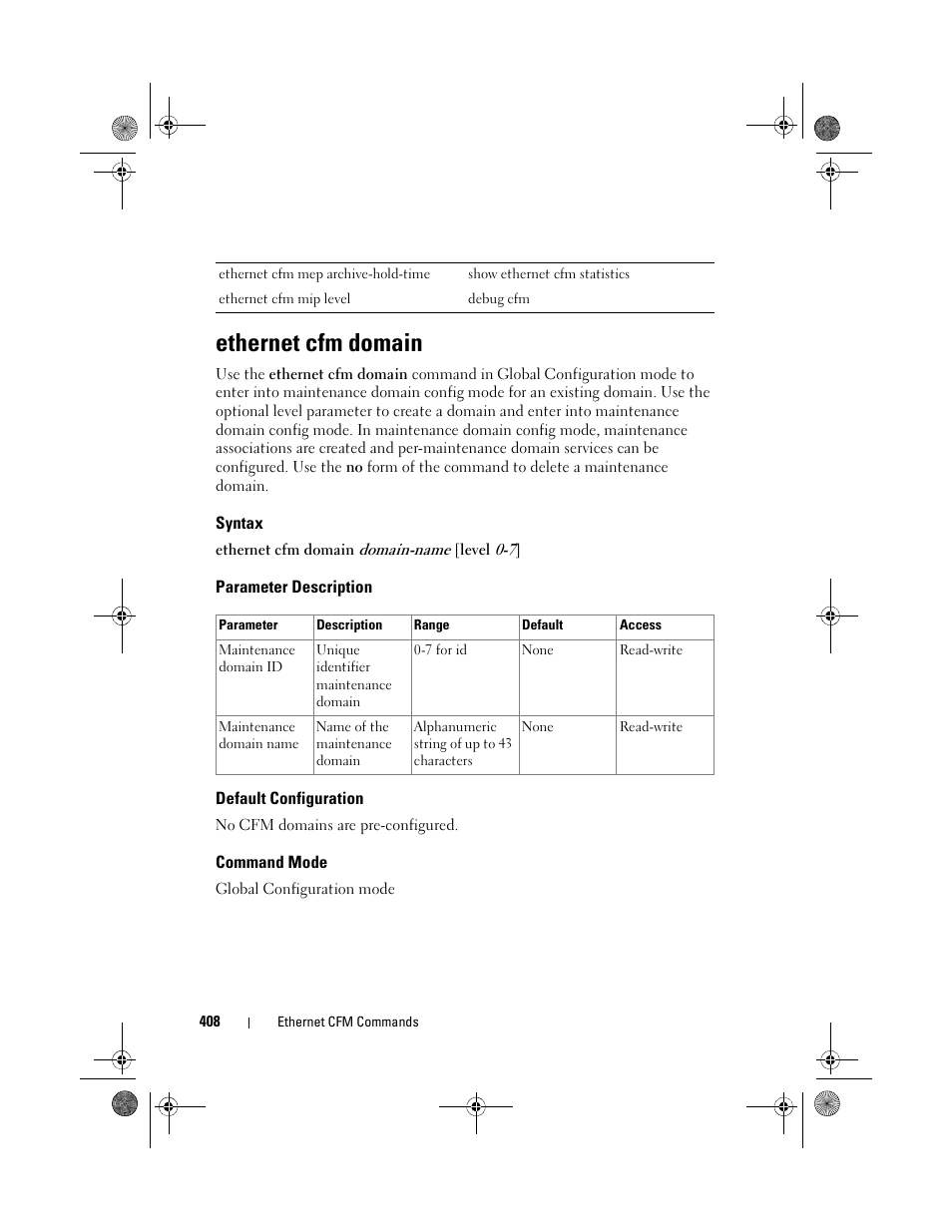 Ethernet cfm domain, Syntax, Parameter description | Default configuration, Command mode | Dell POWEREDGE M1000E User Manual | Page 408 / 1682