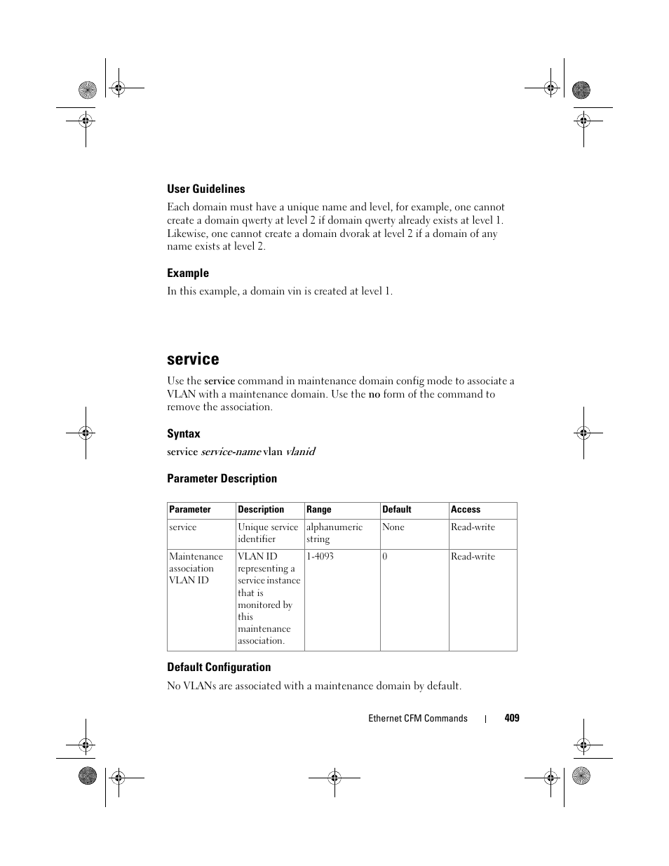 User guidelines, Example, Service | Syntax, Parameter description, Default configuration | Dell POWEREDGE M1000E User Manual | Page 409 / 1682