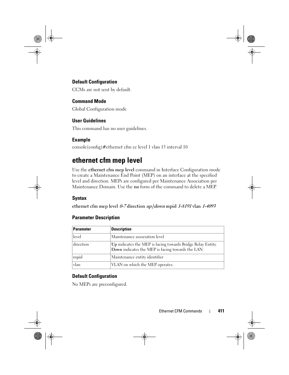 Default configuration, Command mode, User guidelines | Example, Ethernet cfm mep level, Syntax, Parameter description | Dell POWEREDGE M1000E User Manual | Page 411 / 1682