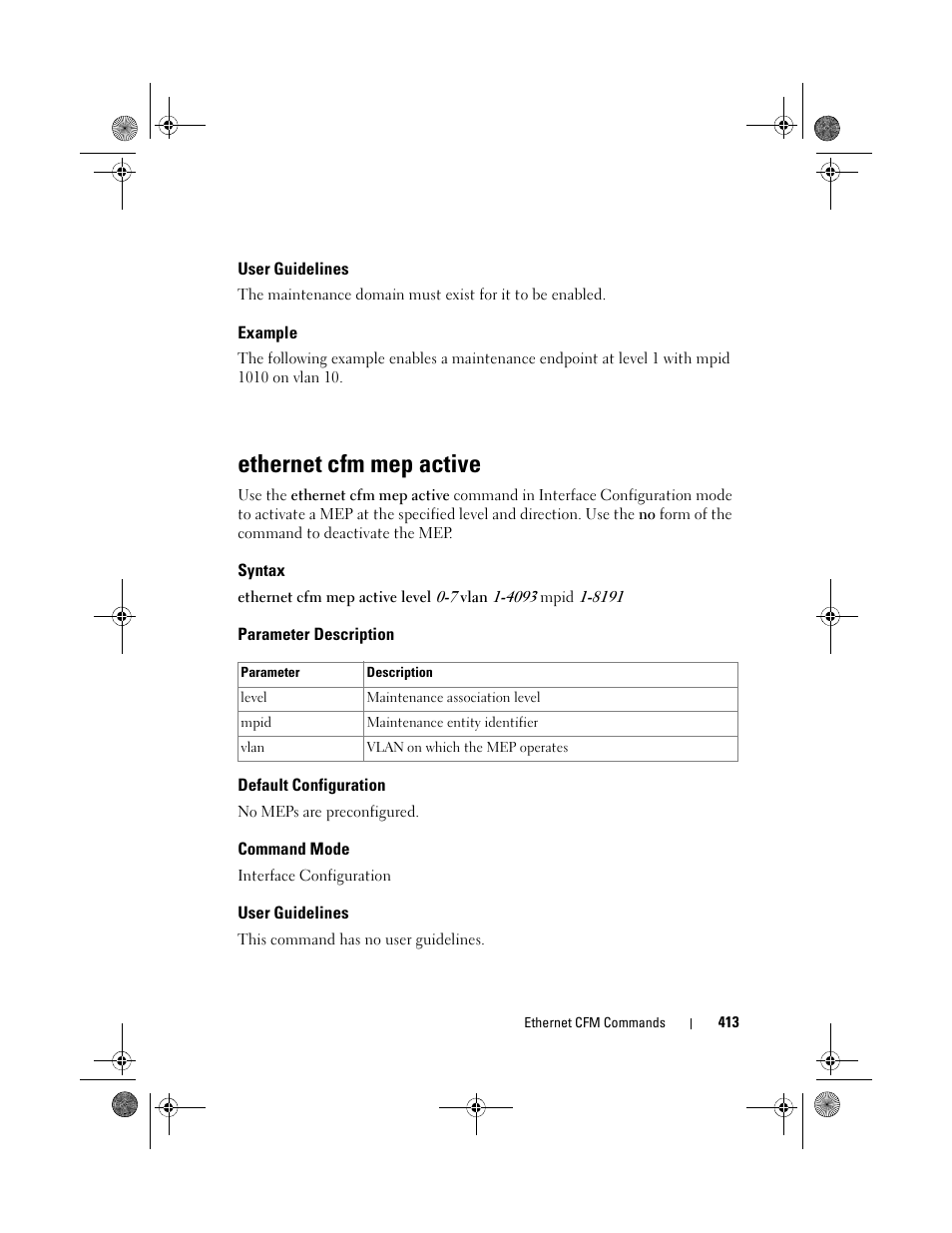 User guidelines, Example, Ethernet cfm mep active | Syntax, Parameter description, Default configuration, Command mode | Dell POWEREDGE M1000E User Manual | Page 413 / 1682