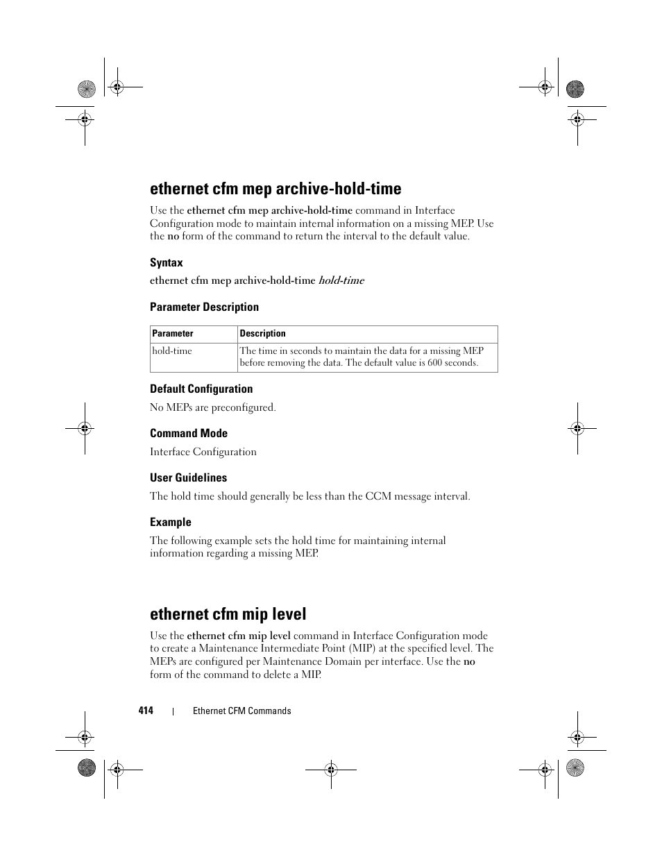 Ethernet cfm mep archive-hold-time, Syntax, Parameter description | Default configuration, Command mode, User guidelines, Example, Ethernet cfm mip level | Dell POWEREDGE M1000E User Manual | Page 414 / 1682