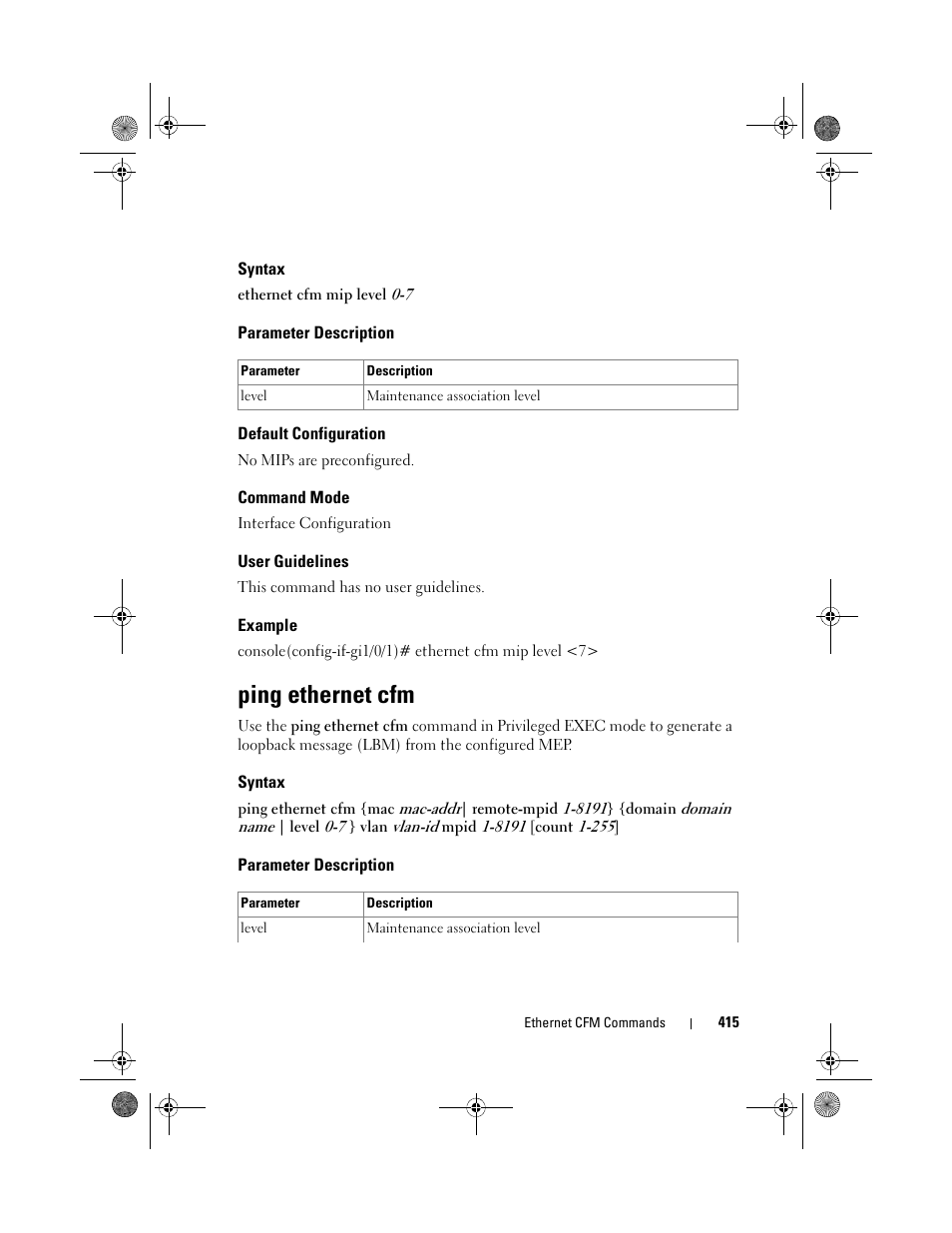 Syntax, Parameter description, Default configuration | Command mode, User guidelines, Example, Ping ethernet cfm | Dell POWEREDGE M1000E User Manual | Page 415 / 1682