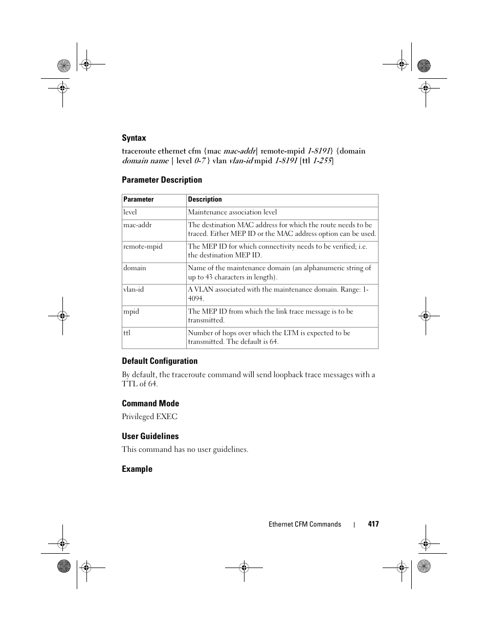 Syntax, Parameter description, Default configuration | Command mode, User guidelines, Example | Dell POWEREDGE M1000E User Manual | Page 417 / 1682