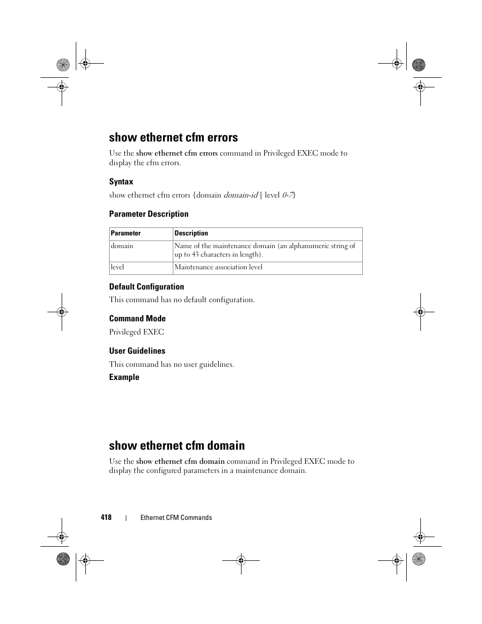 Show ethernet cfm errors, Syntax, Parameter description | Default configuration, Command mode, User guidelines, Show ethernet cfm domain | Dell POWEREDGE M1000E User Manual | Page 418 / 1682