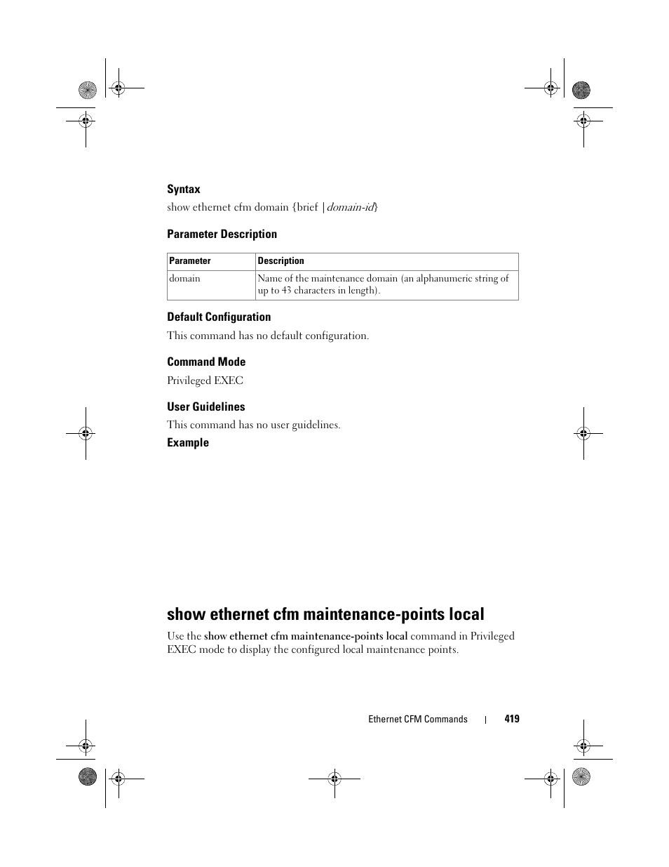 Syntax, Parameter description, Default configuration | Command mode, User guidelines, Show ethernet cfm maintenance-points local, Show ethernet cfm maintenance-points, Local | Dell POWEREDGE M1000E User Manual | Page 419 / 1682