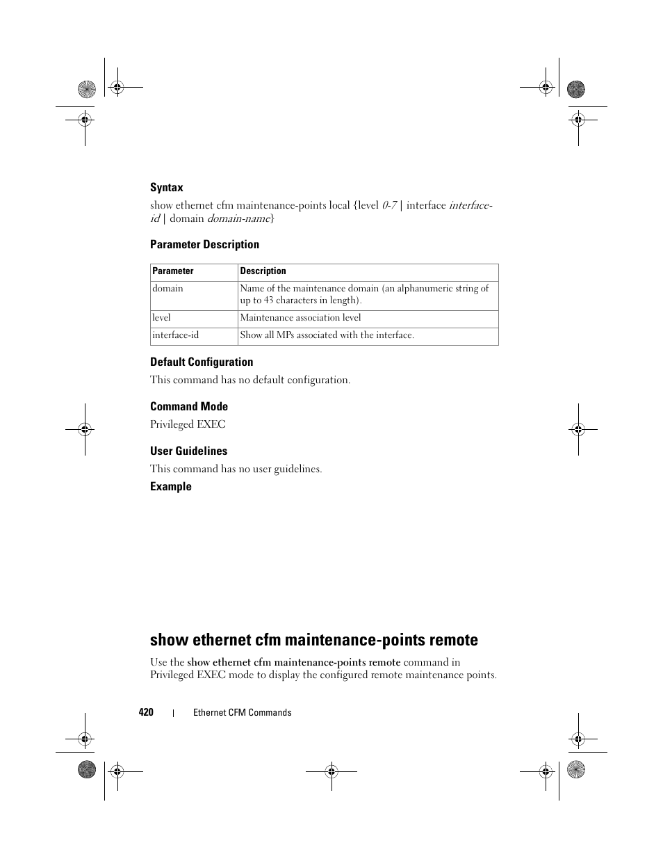 Syntax, Parameter description, Default configuration | Command mode, User guidelines, Show ethernet cfm maintenance-points remote, Show ethernet cfm maintenance-points, Remote | Dell POWEREDGE M1000E User Manual | Page 420 / 1682