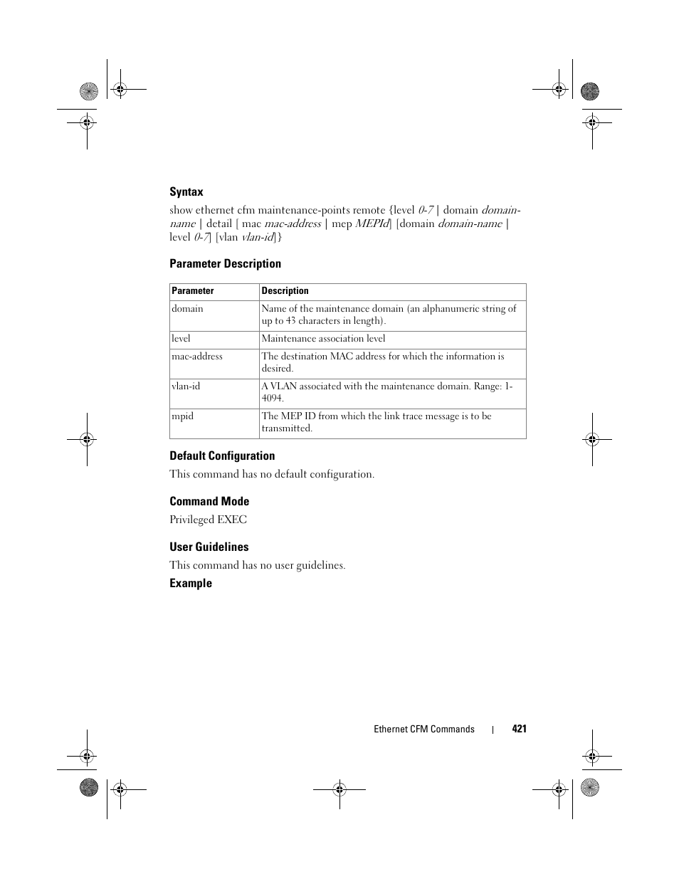 Syntax, Parameter description, Default configuration | Command mode, User guidelines | Dell POWEREDGE M1000E User Manual | Page 421 / 1682