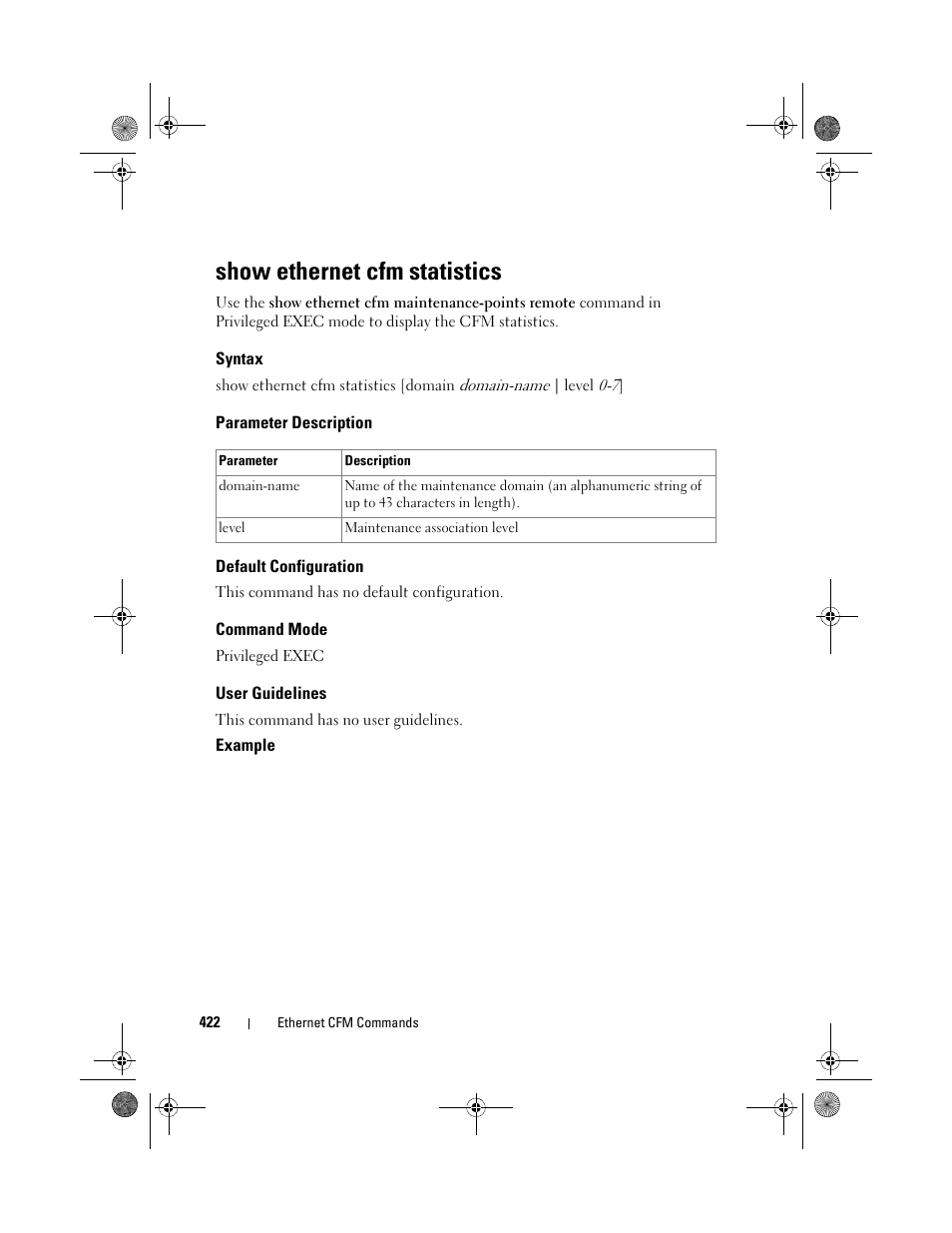 Show ethernet cfm statistics, Syntax, Parameter description | Default configuration, Command mode, User guidelines | Dell POWEREDGE M1000E User Manual | Page 422 / 1682