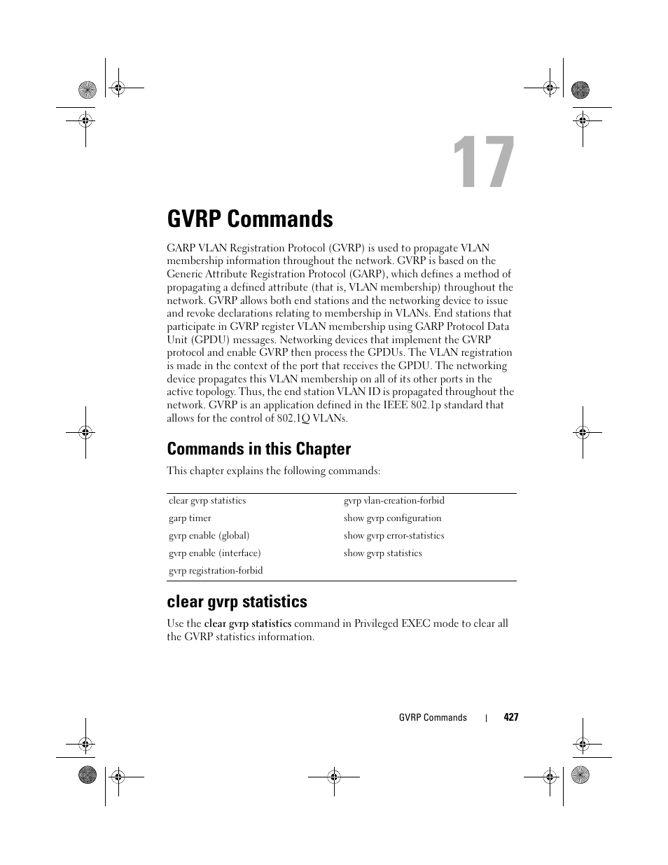 Gvrp commands, Commands in this chapter, Clear gvrp statistics | Dell POWEREDGE M1000E User Manual | Page 427 / 1682