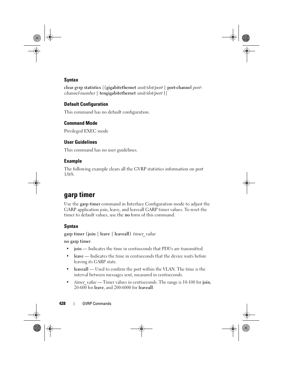 Syntax, Default configuration, Command mode | User guidelines, Example, Garp timer | Dell POWEREDGE M1000E User Manual | Page 428 / 1682