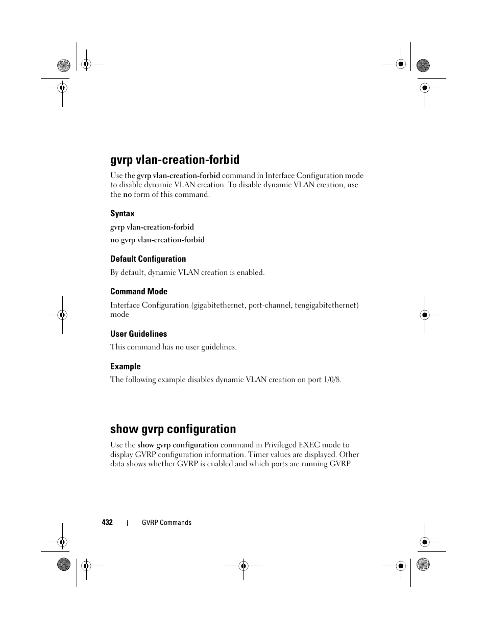 Gvrp vlan-creation-forbid, Syntax, Default configuration | Command mode, User guidelines, Example, Show gvrp configuration | Dell POWEREDGE M1000E User Manual | Page 432 / 1682