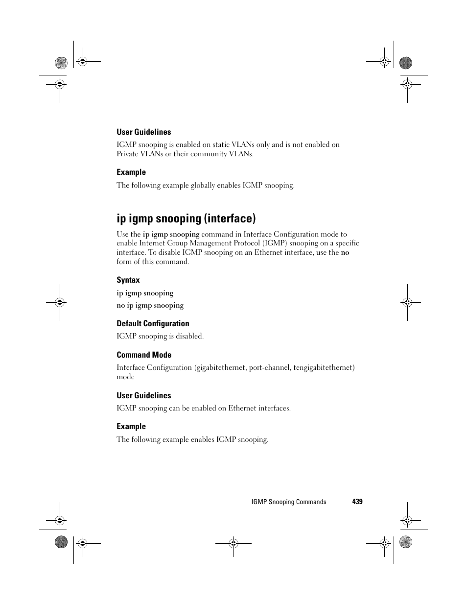 User guidelines, Example, Ip igmp snooping (interface) | Syntax, Default configuration, Command mode | Dell POWEREDGE M1000E User Manual | Page 439 / 1682