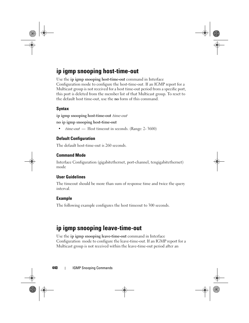 Ip igmp snooping host-time-out, Syntax, Default configuration | Command mode, User guidelines, Example, Ip igmp snooping leave-time-out | Dell POWEREDGE M1000E User Manual | Page 440 / 1682