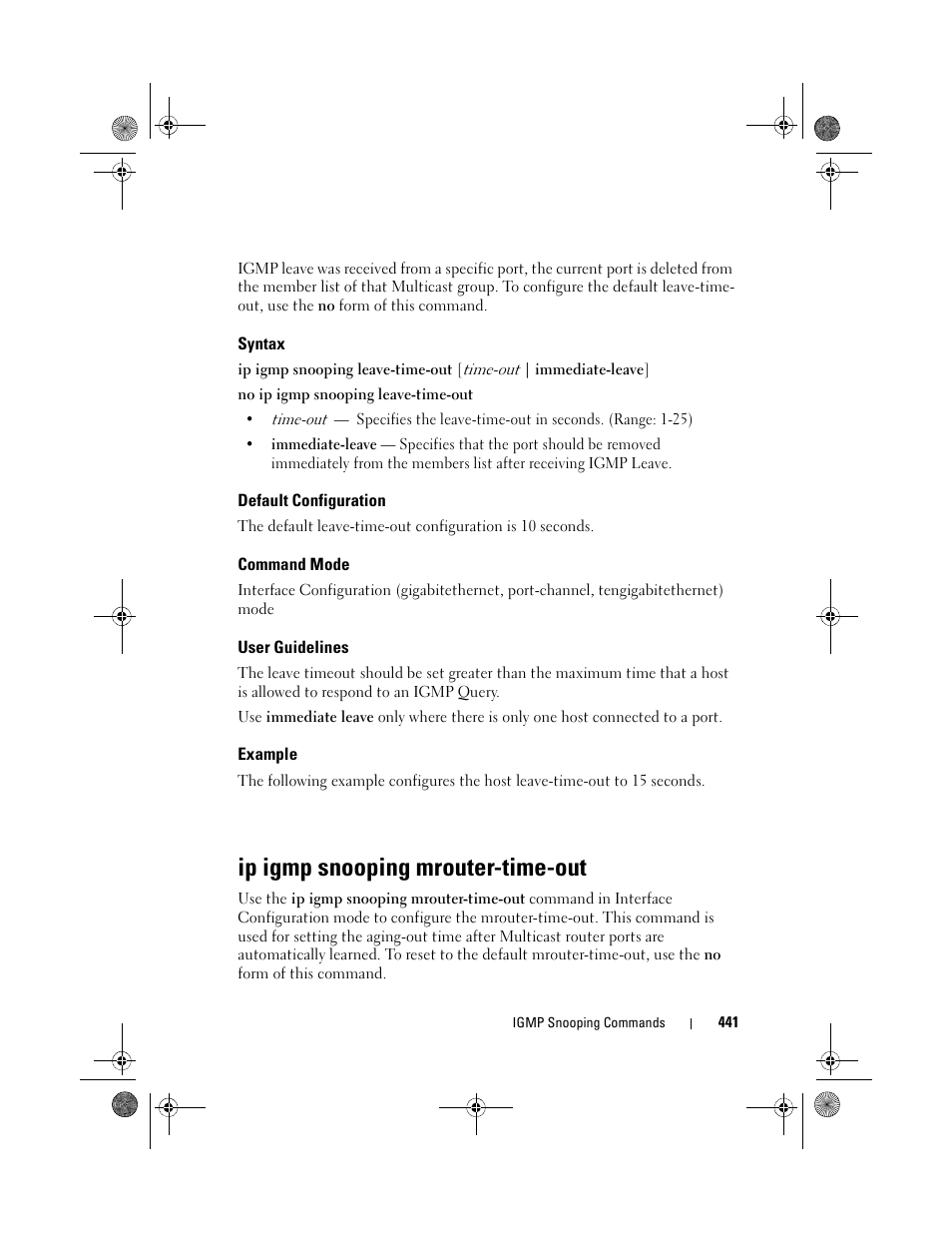 Syntax, Default configuration, Command mode | User guidelines, Example, Ip igmp snooping mrouter-time-out | Dell POWEREDGE M1000E User Manual | Page 441 / 1682