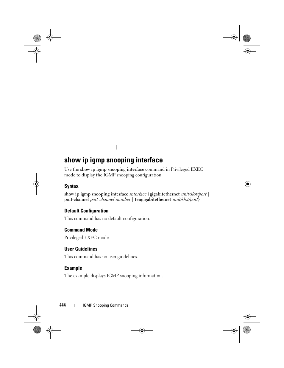 Show ip igmp snooping interface, Syntax, Default configuration | Command mode, User guidelines, Example | Dell POWEREDGE M1000E User Manual | Page 444 / 1682