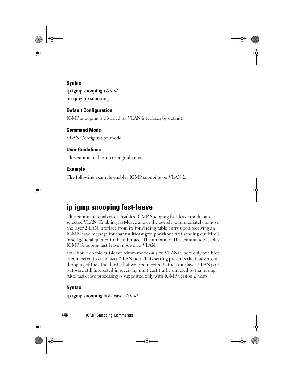 Syntax, Default configuration, Command mode | User guidelines, Example, Ip igmp snooping fast-leave | Dell POWEREDGE M1000E User Manual | Page 446 / 1682