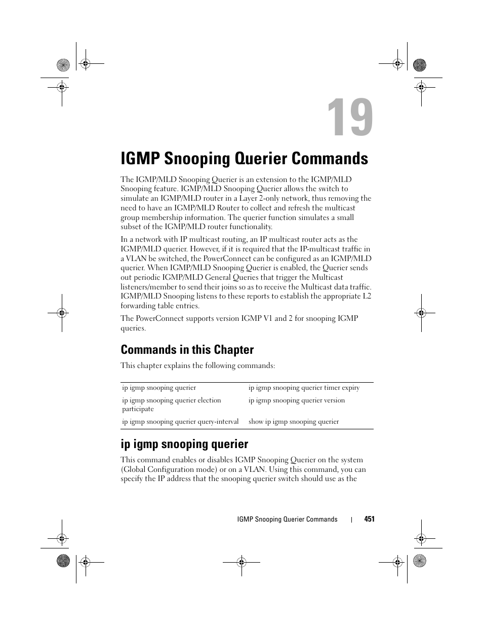 Igmp snooping querier commands, Commands in this chapter, Ip igmp snooping querier | Igmp snooping, Querier, Commands | Dell POWEREDGE M1000E User Manual | Page 451 / 1682