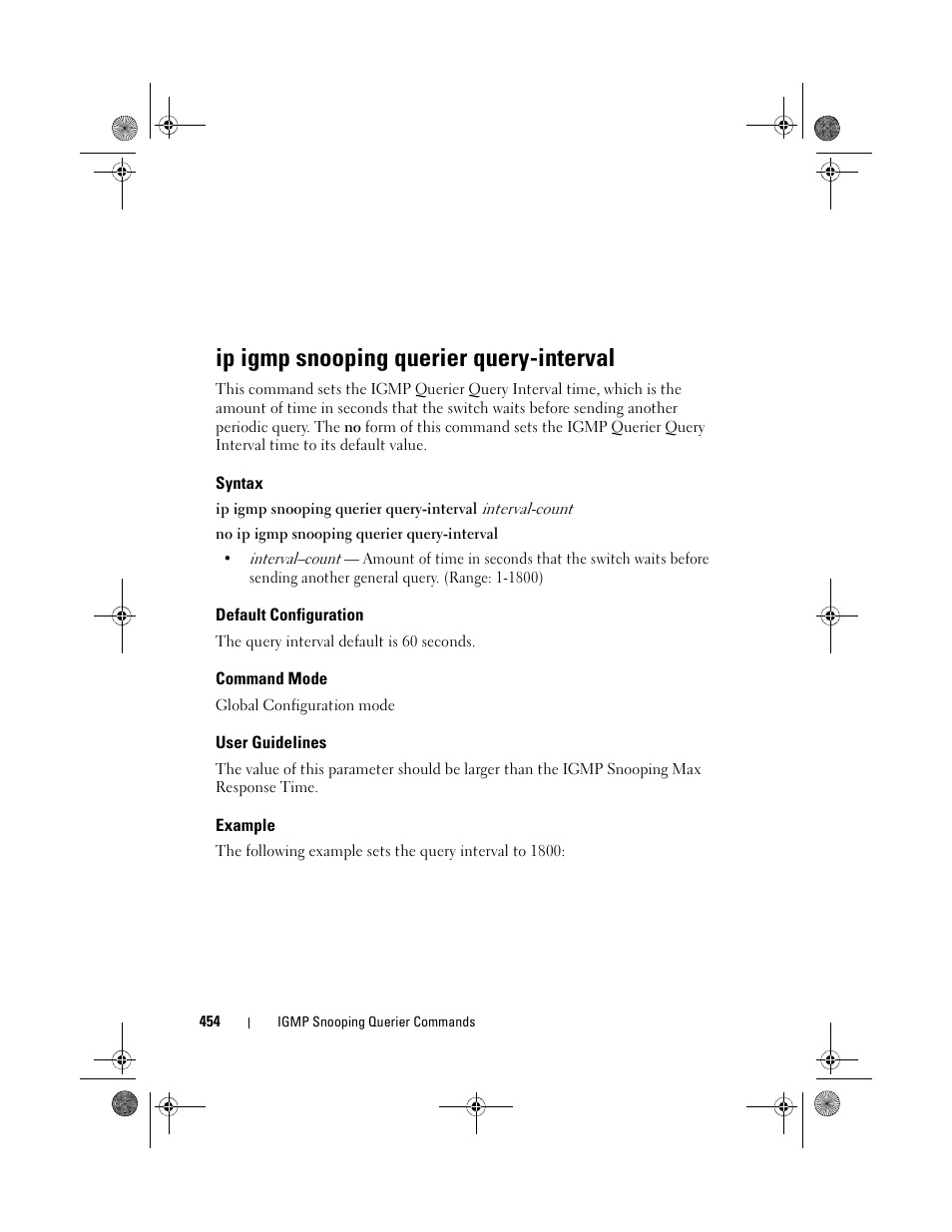 Ip igmp snooping querier query-interval, Syntax, Default configuration | Command mode, User guidelines, Example | Dell POWEREDGE M1000E User Manual | Page 454 / 1682