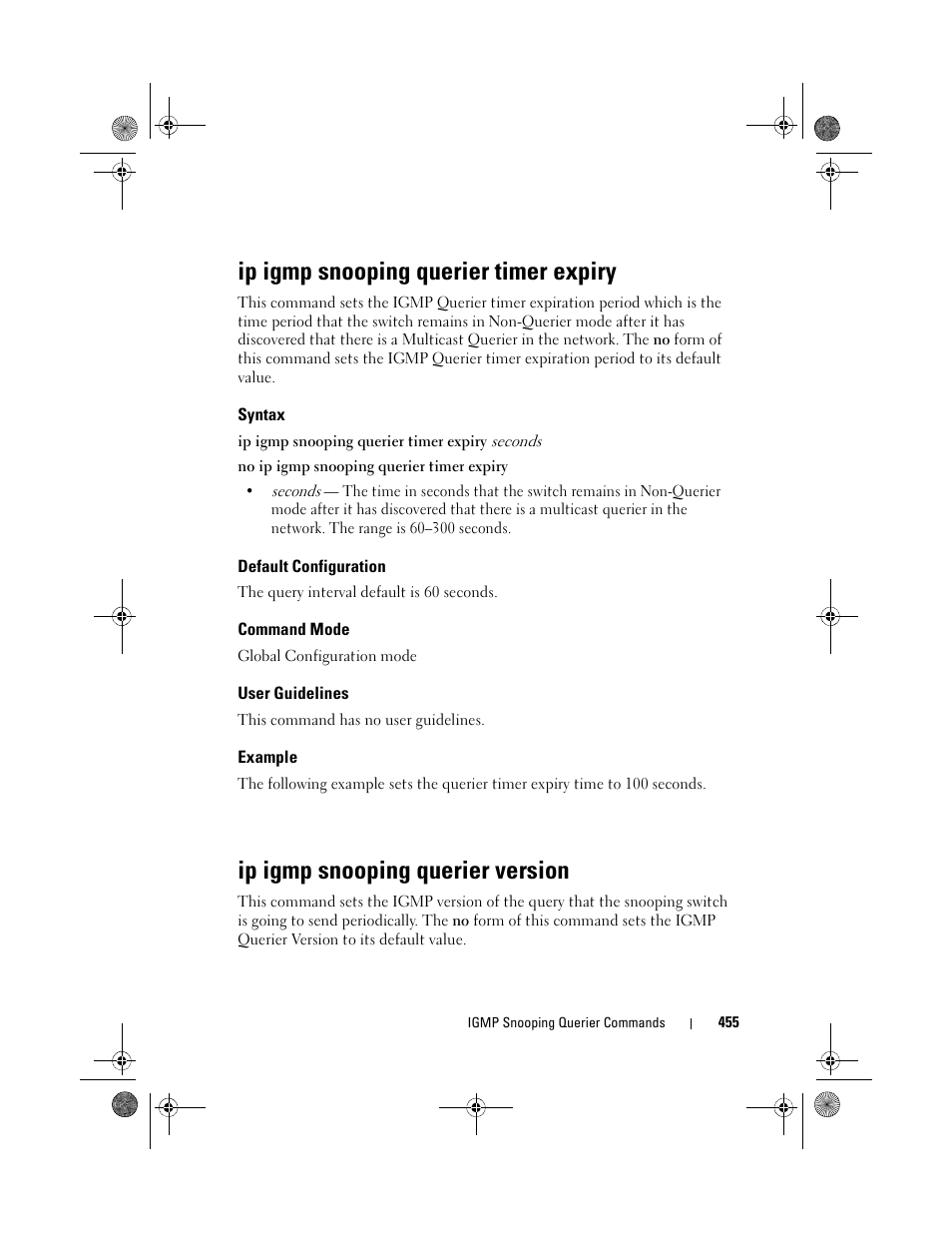 Ip igmp snooping querier timer expiry, Syntax, Default configuration | Command mode, User guidelines, Example, Ip igmp snooping querier version | Dell POWEREDGE M1000E User Manual | Page 455 / 1682