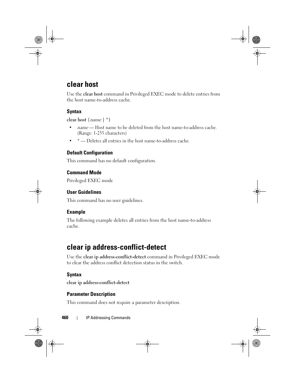 Clear host, Syntax, Default configuration | Command mode, User guidelines, Example, Clear ip address-conflict-detect, Parameter description | Dell POWEREDGE M1000E User Manual | Page 460 / 1682