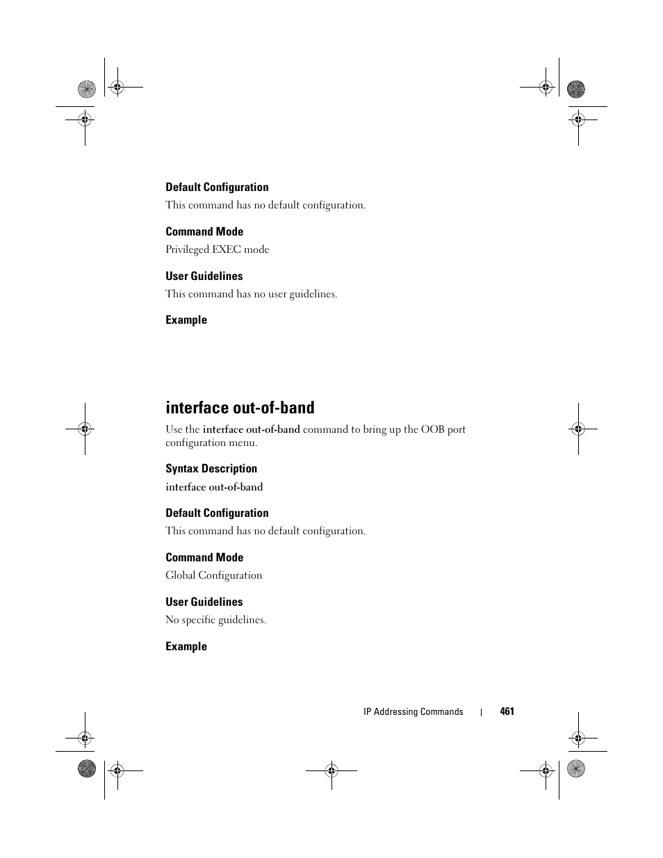 Default configuration, Command mode, User guidelines | Example, Interface out-of-band, Syntax description | Dell POWEREDGE M1000E User Manual | Page 461 / 1682