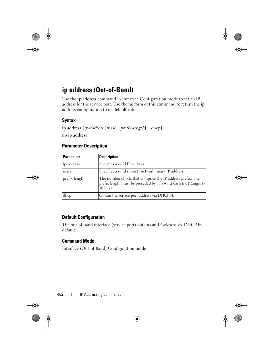 Ip address (out-of-band), Syntax, Parameter description | Default configuration, Command mode | Dell POWEREDGE M1000E User Manual | Page 462 / 1682