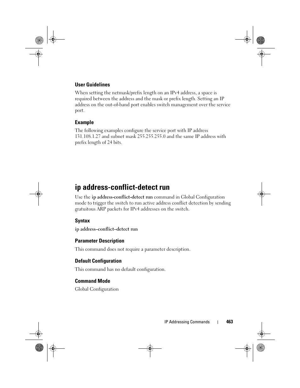 User guidelines, Example, Ip address-conflict-detect run | Syntax, Parameter description, Default configuration, Command mode | Dell POWEREDGE M1000E User Manual | Page 463 / 1682