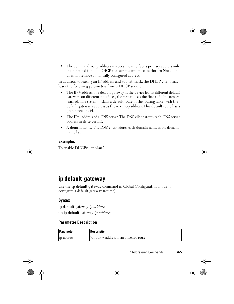 Examples, Ip default-gateway, Syntax | Parameter description | Dell POWEREDGE M1000E User Manual | Page 465 / 1682