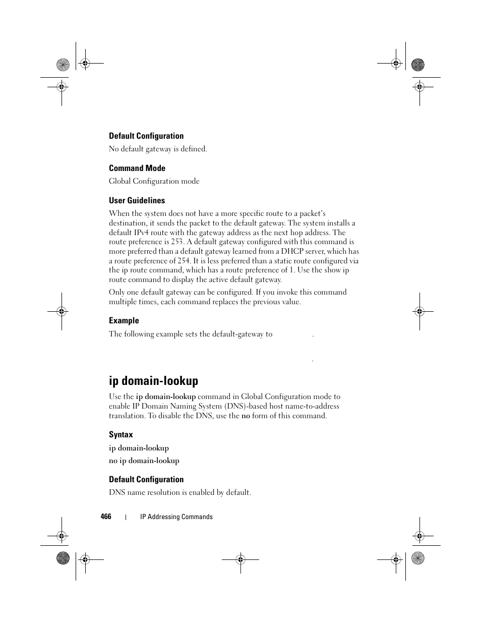 Default configuration, Command mode, User guidelines | Example, Ip domain-lookup, Syntax | Dell POWEREDGE M1000E User Manual | Page 466 / 1682