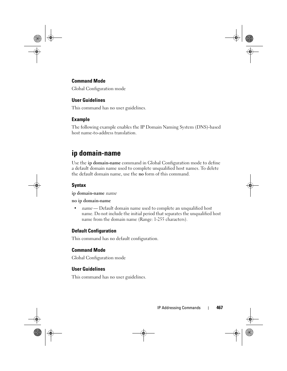 Command mode, User guidelines, Example | Ip domain-name, Syntax, Default configuration | Dell POWEREDGE M1000E User Manual | Page 467 / 1682