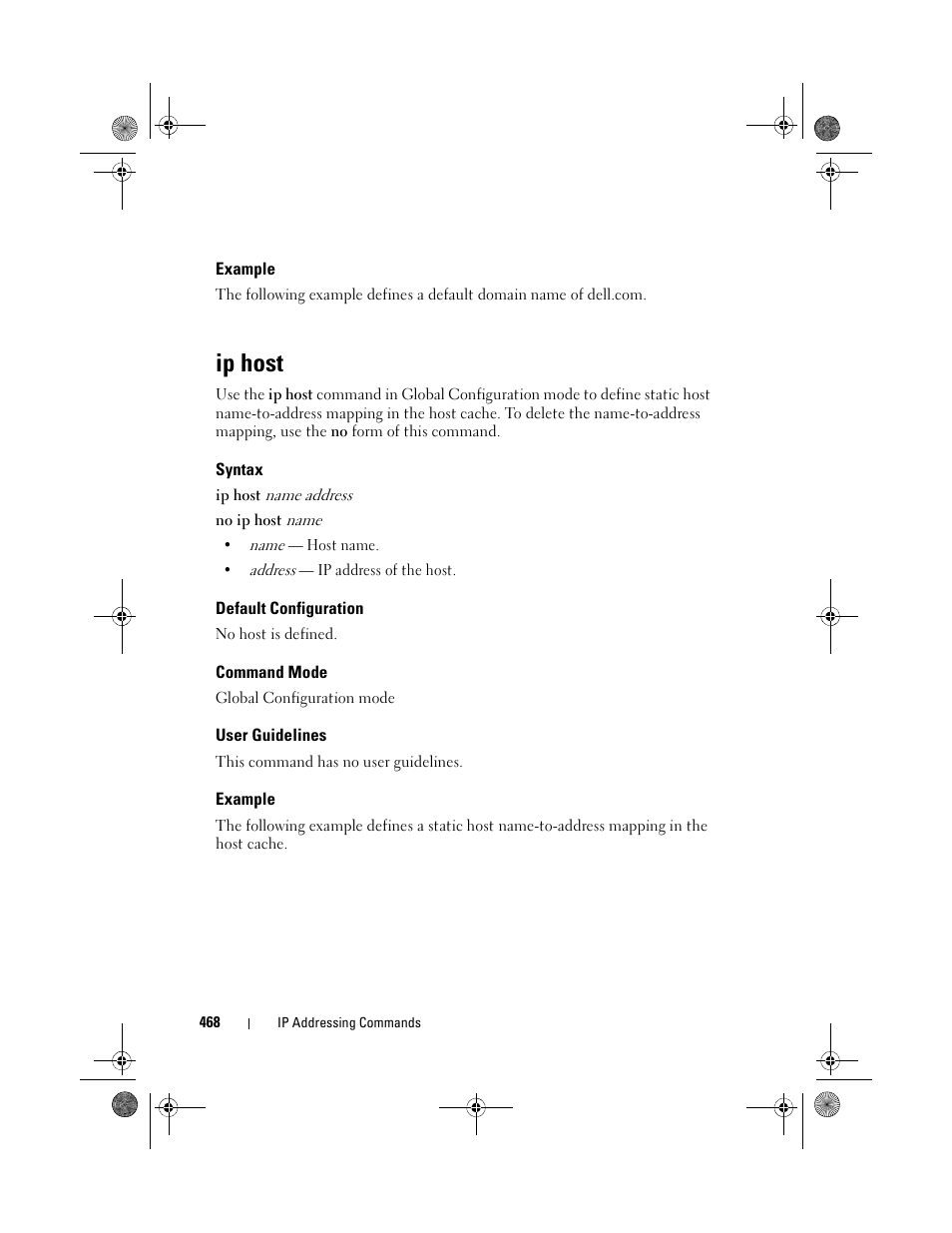 Example, Ip host, Syntax | Default configuration, Command mode, User guidelines | Dell POWEREDGE M1000E User Manual | Page 468 / 1682