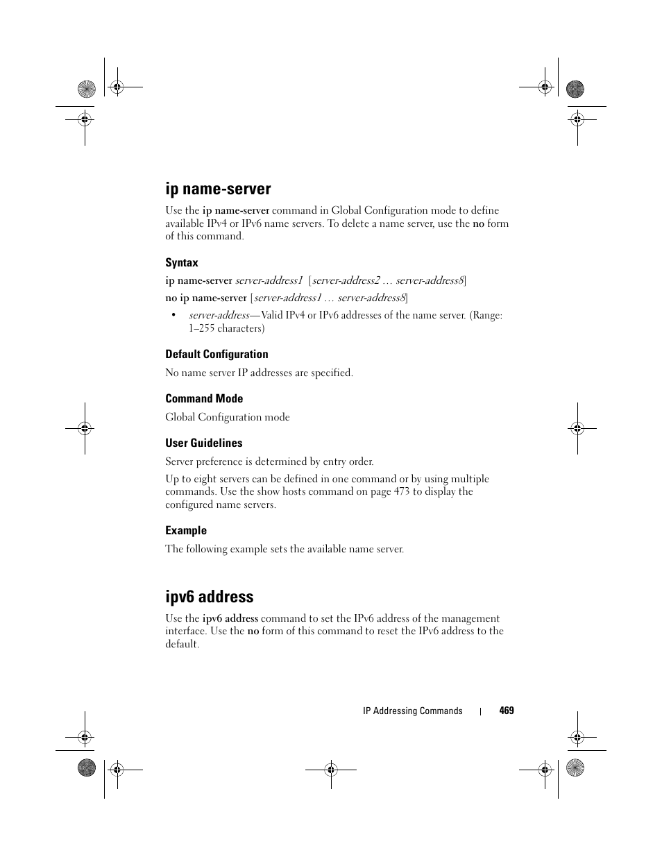 Ip name-server, Syntax, Default configuration | Command mode, User guidelines, Example, Ipv6 address | Dell POWEREDGE M1000E User Manual | Page 469 / 1682