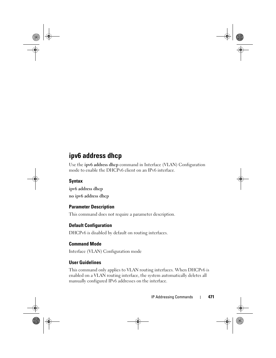 Ipv6 address dhcp, Syntax, Parameter description | Default configuration, Command mode, User guidelines | Dell POWEREDGE M1000E User Manual | Page 471 / 1682