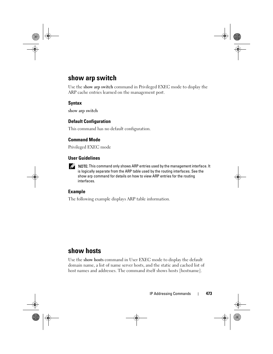 Show arp switch, Syntax, Default configuration | Command mode, User guidelines, Example, Show hosts | Dell POWEREDGE M1000E User Manual | Page 473 / 1682