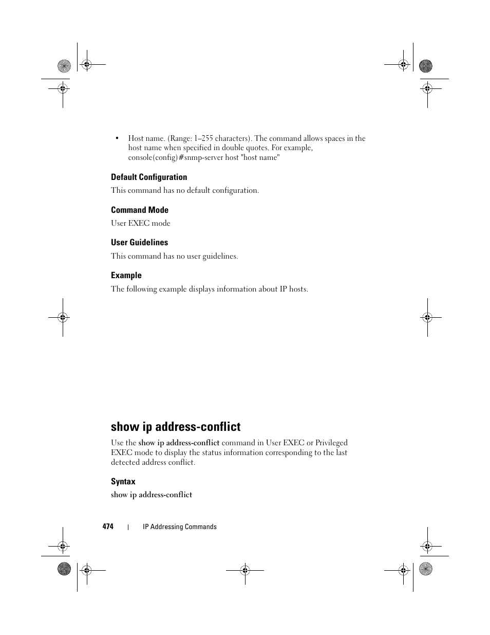 Default configuration, Command mode, User guidelines | Example, Show ip address-conflict, Syntax | Dell POWEREDGE M1000E User Manual | Page 474 / 1682