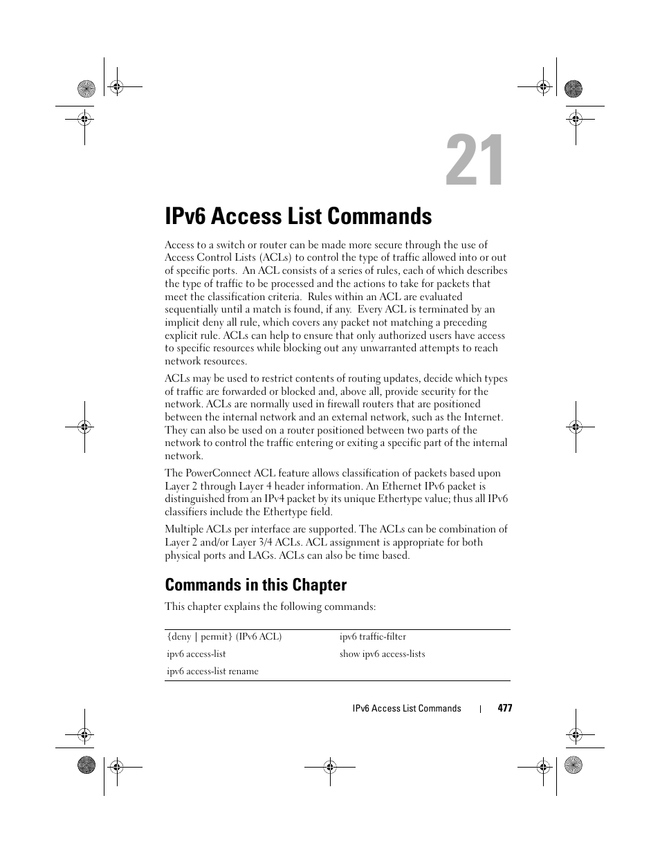 Ipv6 access list commands, Commands in this chapter, Ipv6 access list | Commands | Dell POWEREDGE M1000E User Manual | Page 477 / 1682