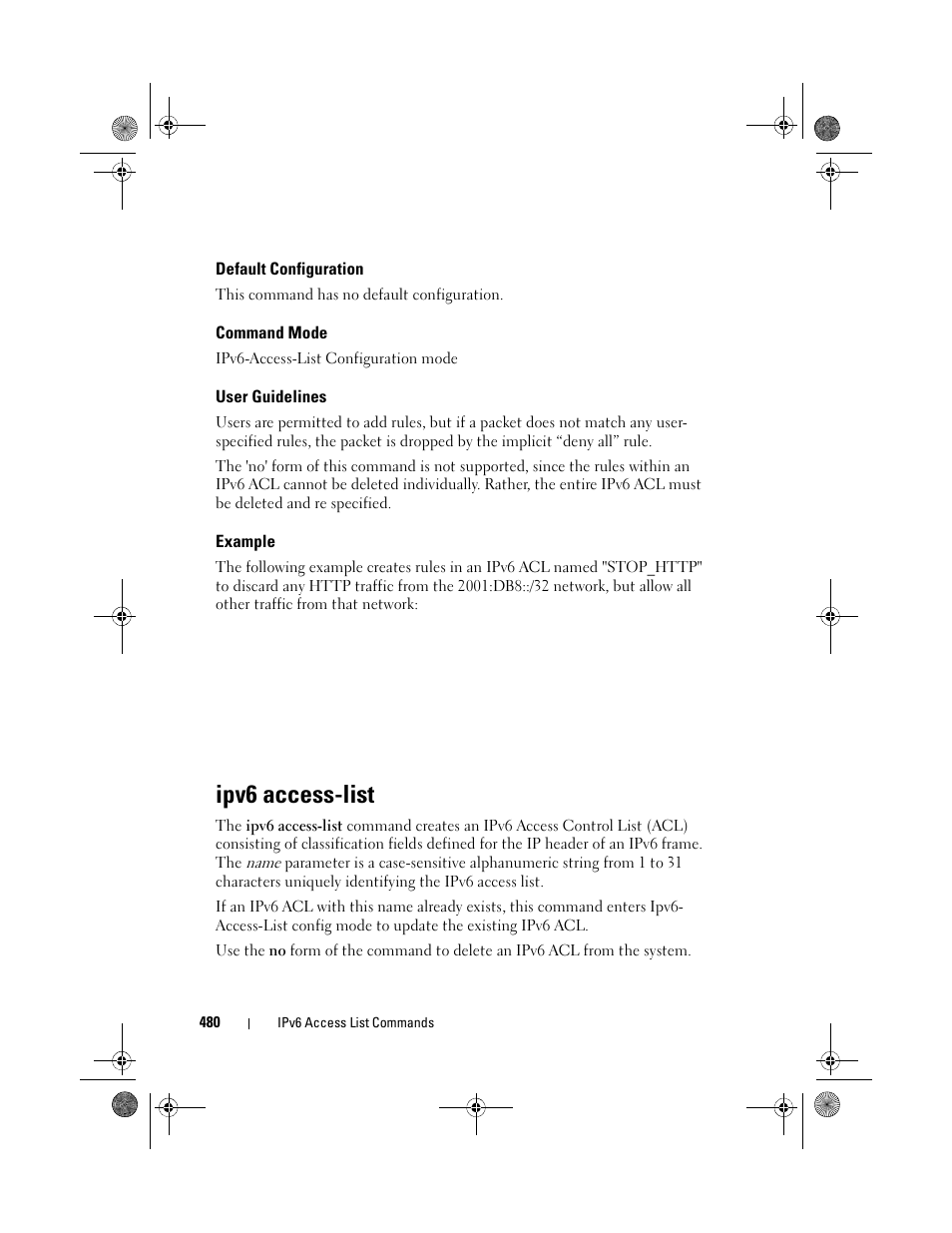 Default configuration, Command mode, User guidelines | Example, Ipv6 access-list | Dell POWEREDGE M1000E User Manual | Page 480 / 1682